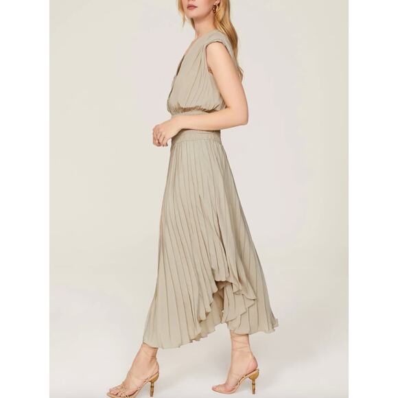 Ray Brook Beige Pleated Midi Dress SMALL Blouson Smocked Designer Romantic $565 - Picture 2 of 11